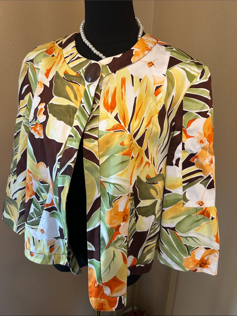 Floral Print Open Front Blazer Jacket - Yellow Green Brown - Picture 6 of 13